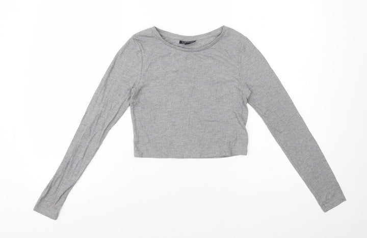 Topshop Womens Grey Viscose Cropped T-Shirt Size 8 Round Neck