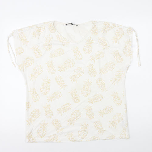 Bonmarché Womens White Geometric Polyester Basic T-Shirt Size 14 V-Neck - Pineapple