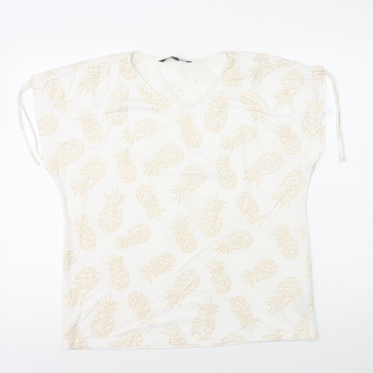Bonmarché Womens White Geometric Polyester Basic T-Shirt Size 14 V-Neck - Pineapple
