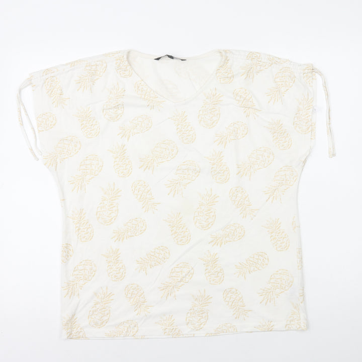Bonmarché Womens White Geometric Polyester Basic T-Shirt Size 14 V-Neck - Pineapple