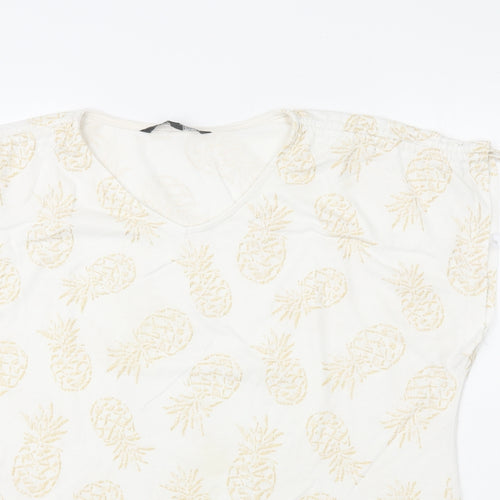 Bonmarché Womens White Geometric Polyester Basic T-Shirt Size 14 V-Neck - Pineapple