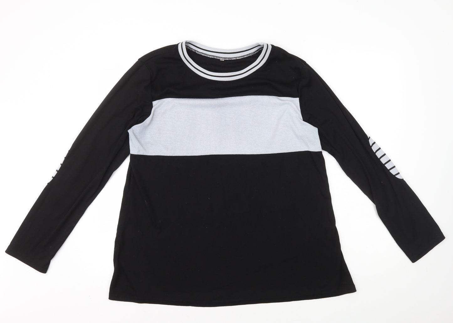 Preworn Womens Black Striped Polyester Basic T-Shirt Size XL Round Neck - Elbow Patches