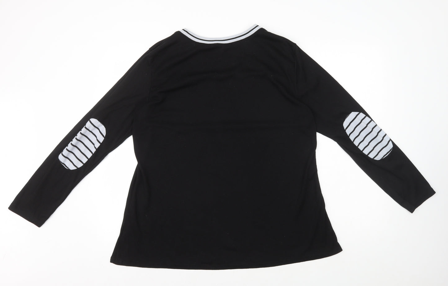 Preworn Womens Black Striped Polyester Basic T-Shirt Size XL Round Neck - Elbow Patches