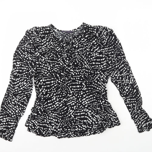 Marks and Spencer Womens Black Geometric Viscose Basic Blouse Size 8 Round Neck - Peplum