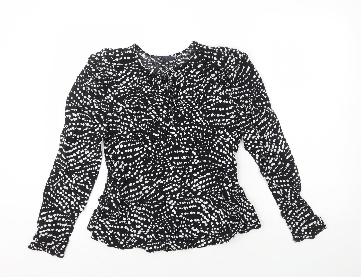 Marks and Spencer Womens Black Geometric Viscose Basic Blouse Size 8 Round Neck - Peplum