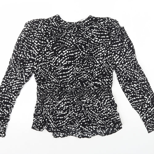Marks and Spencer Womens Black Geometric Viscose Basic Blouse Size 8 Round Neck - Peplum