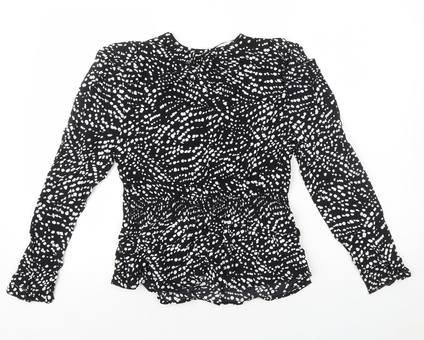 Marks and Spencer Womens Black Geometric Viscose Basic Blouse Size 8 Round Neck - Peplum