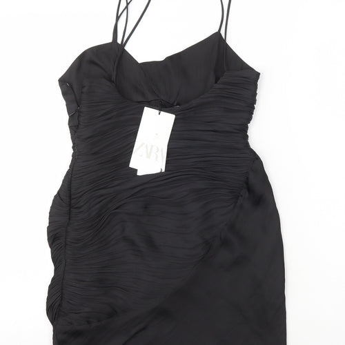 Zara Womens Black Polyester Slip Dress Size S V-Neck Zip