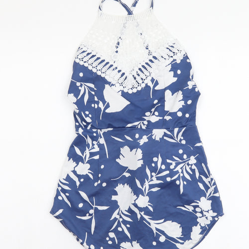 Preworn Womens Blue Floral Polyester Basic T-Shirt Size M Crew Neck - Crochet Neckline