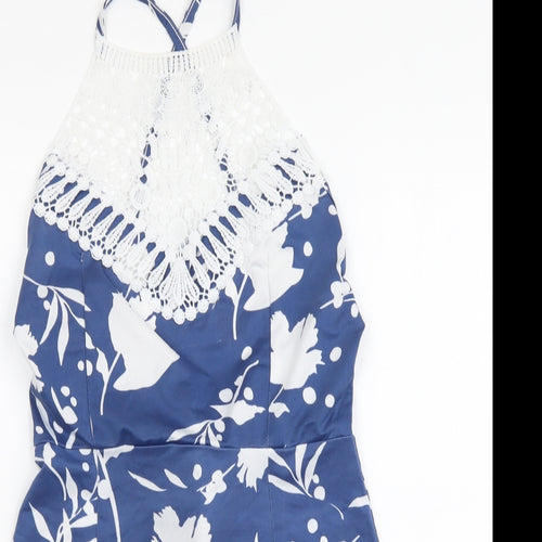 Preworn Womens Blue Floral Polyester Basic T-Shirt Size M Crew Neck - Crochet Neckline