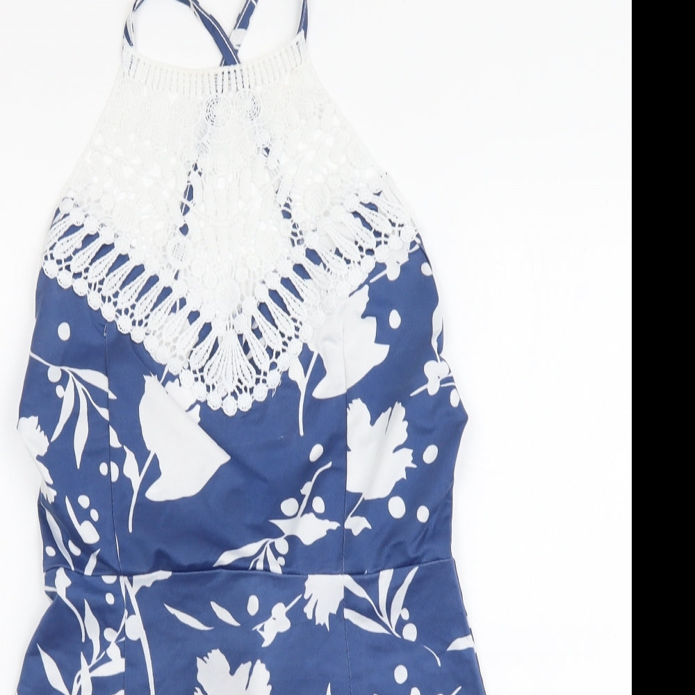 Preworn Womens Blue Floral Polyester Basic T-Shirt Size M Crew Neck - Crochet Neckline