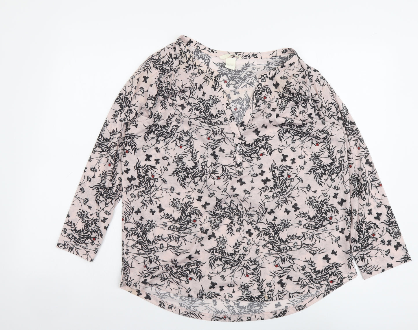 H&M Womens Pink Floral Cotton Basic Blouse Size M V-Neck