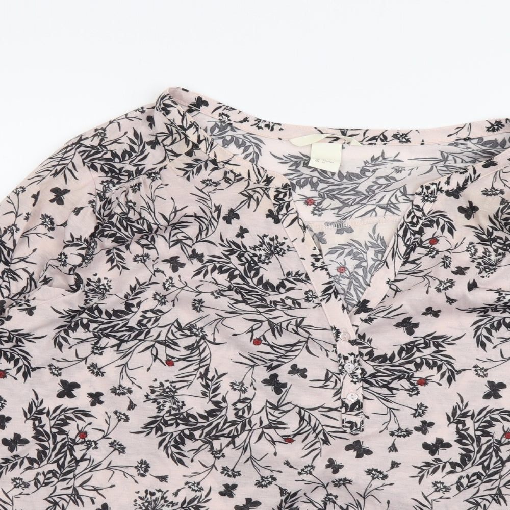 H&M Womens Pink Floral Cotton Basic Blouse Size M V-Neck