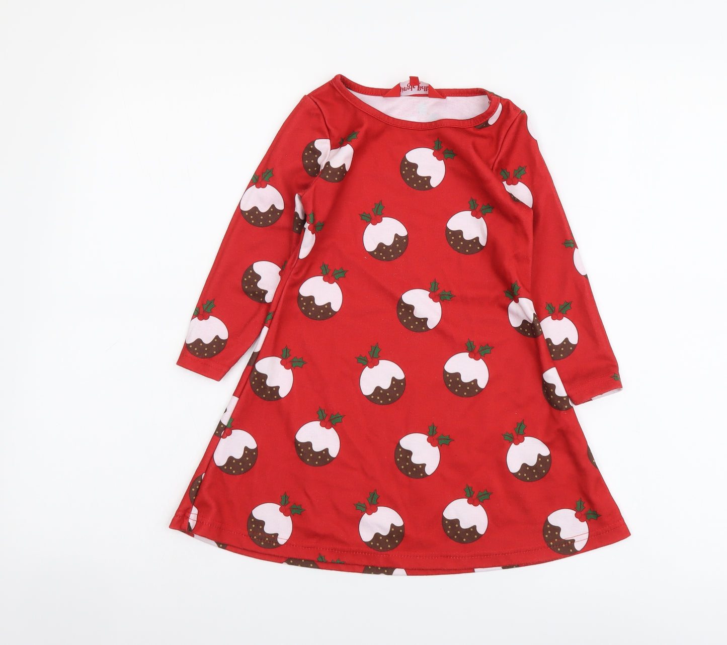 Jingle Bells Girls Red Geometric Polyester A-Line Size 4-5 Years Round Neck Pullover - Christmas Pudding