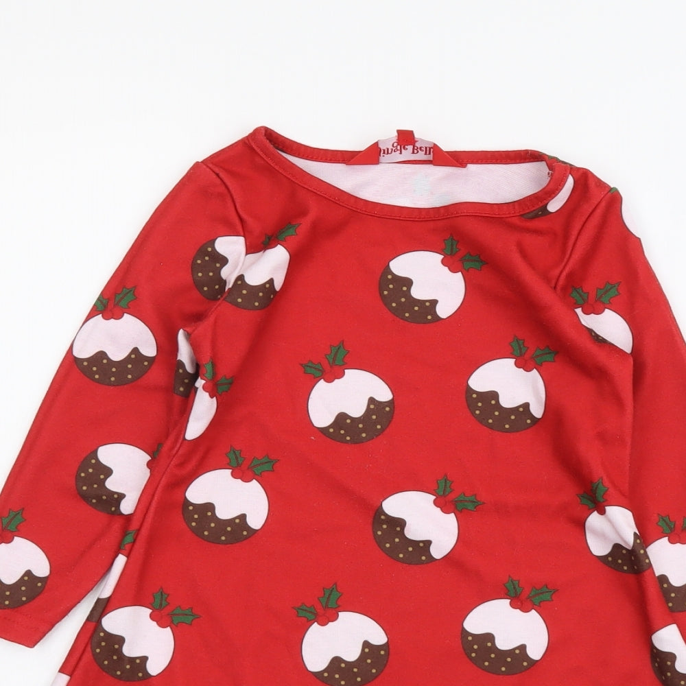Jingle Bells Girls Red Geometric Polyester A-Line Size 4-5 Years Round Neck Pullover - Christmas Pudding