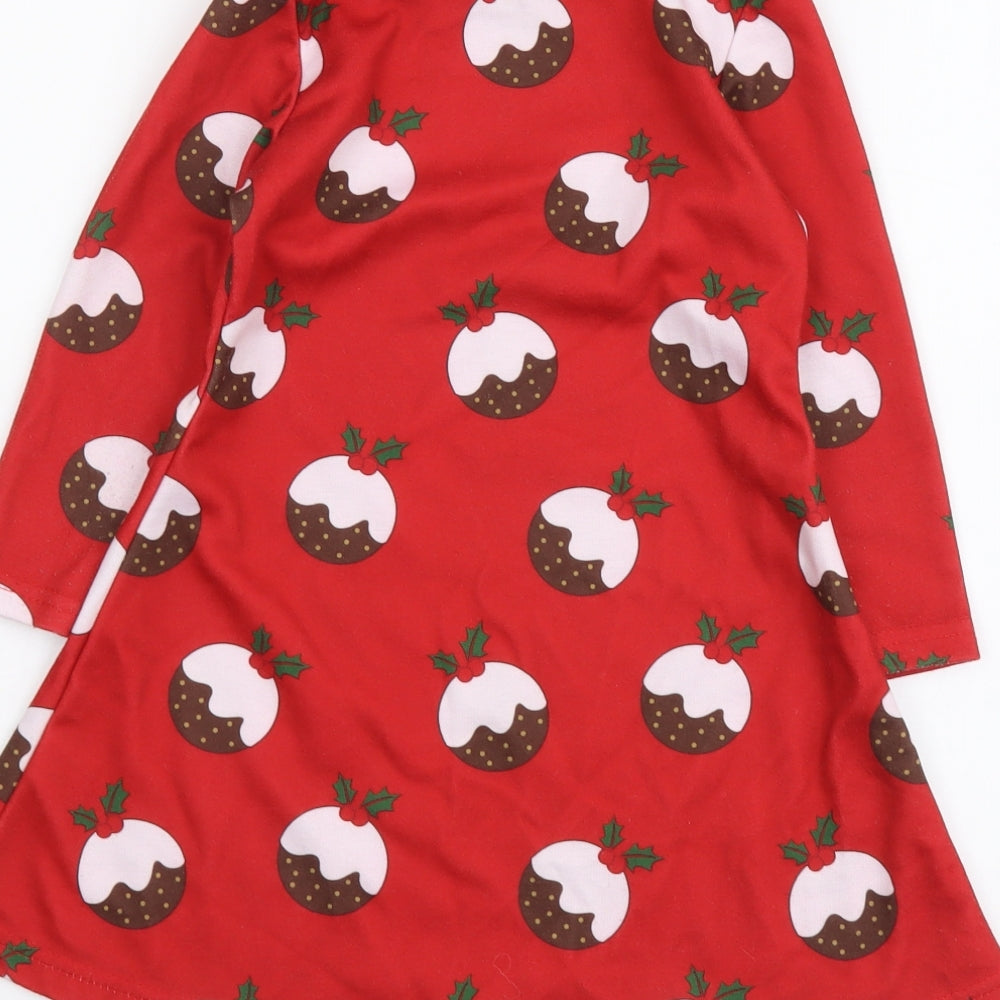 Jingle Bells Girls Red Geometric Polyester A-Line Size 4-5 Years Round Neck Pullover - Christmas Pudding