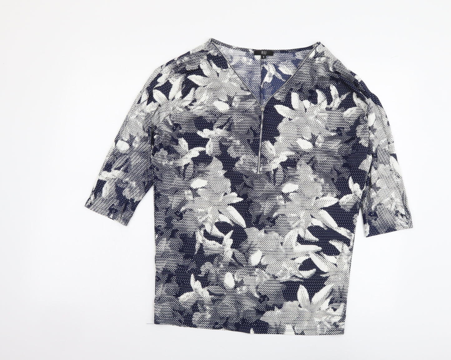 Riu Womens Blue Floral Polyester Basic Blouse Size S V-Neck