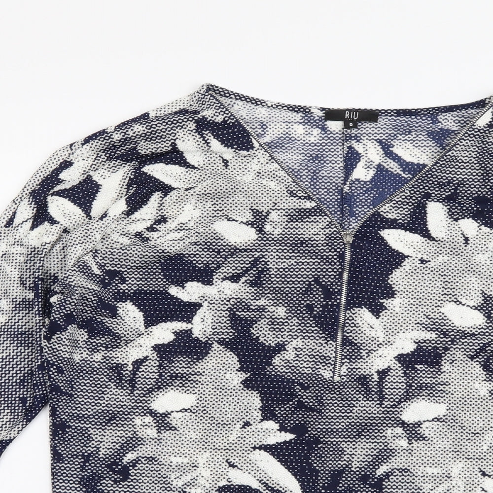 Riu Womens Blue Floral Polyester Basic Blouse Size S V-Neck