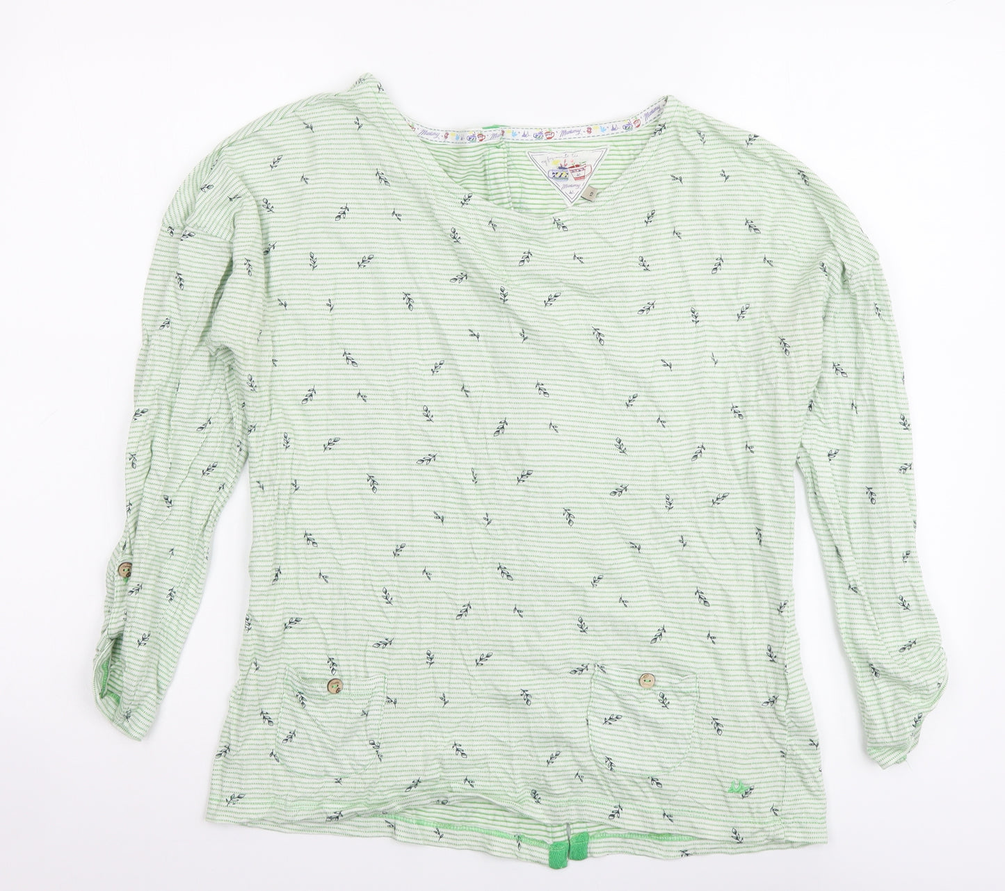 MANTARAY PRODUCTS Womens Green Striped Cotton Basic Blouse Size 12 Roll Neck
