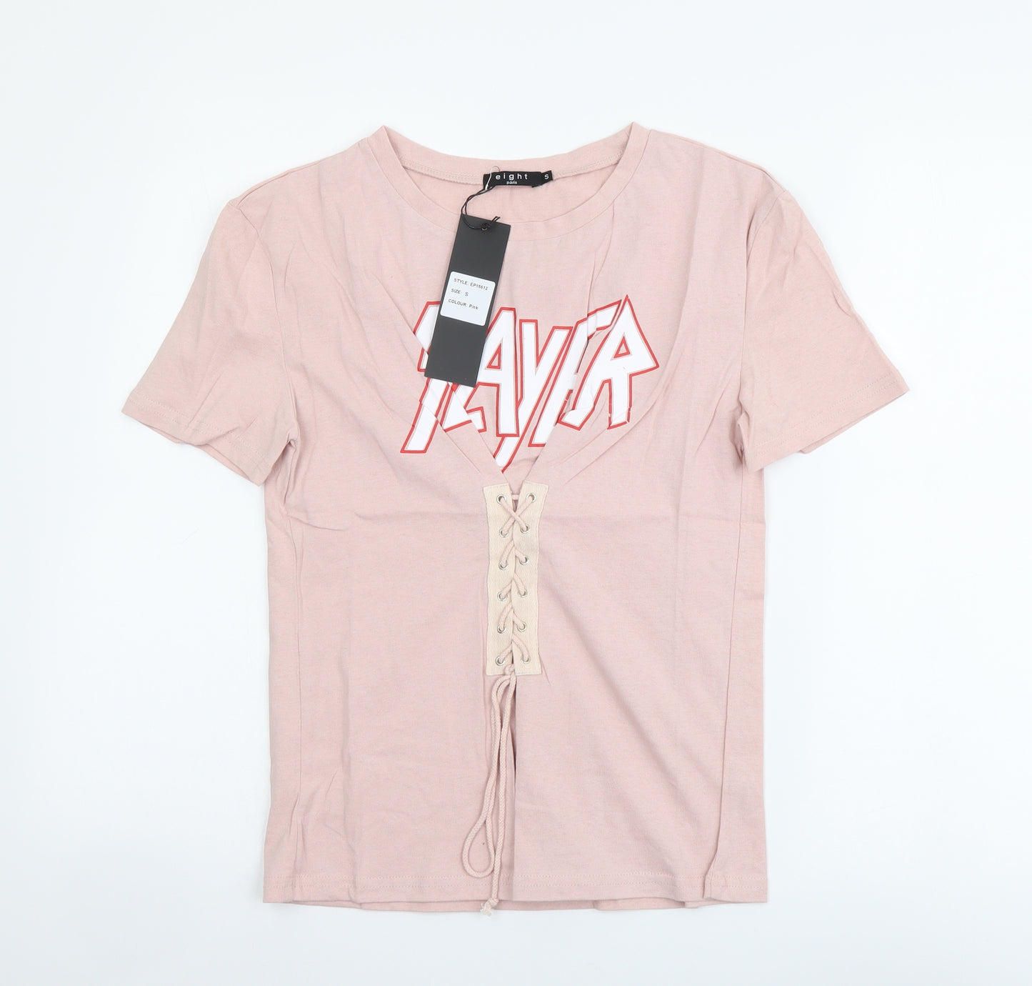 Eight Womens Pink Cotton Basic T-Shirt Size S Round Neck - Lace Up Detail