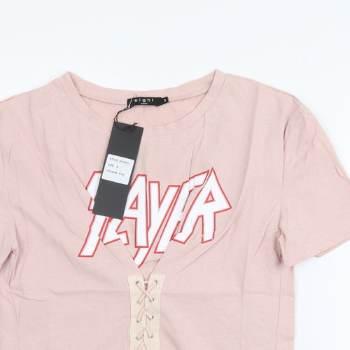 Eight Womens Pink Cotton Basic T-Shirt Size S Round Neck - Lace Up Detail