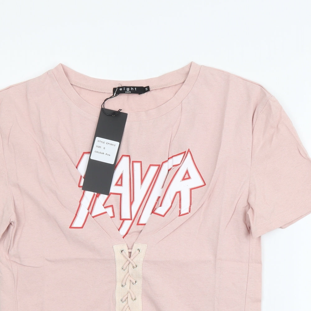 Eight Womens Pink Cotton Basic T-Shirt Size S Round Neck - Lace Up Detail