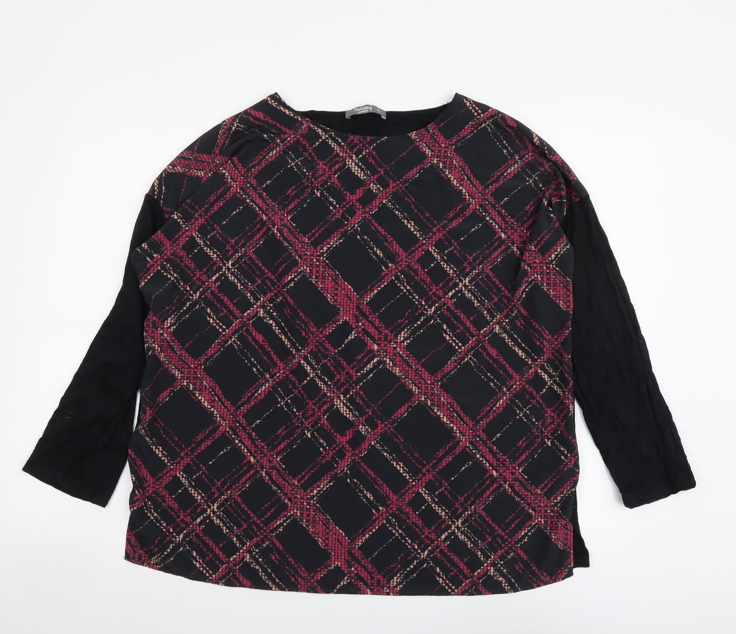 Nutmeg Womens Black Geometric Polyester Basic Blouse Size 16 Boat Neck