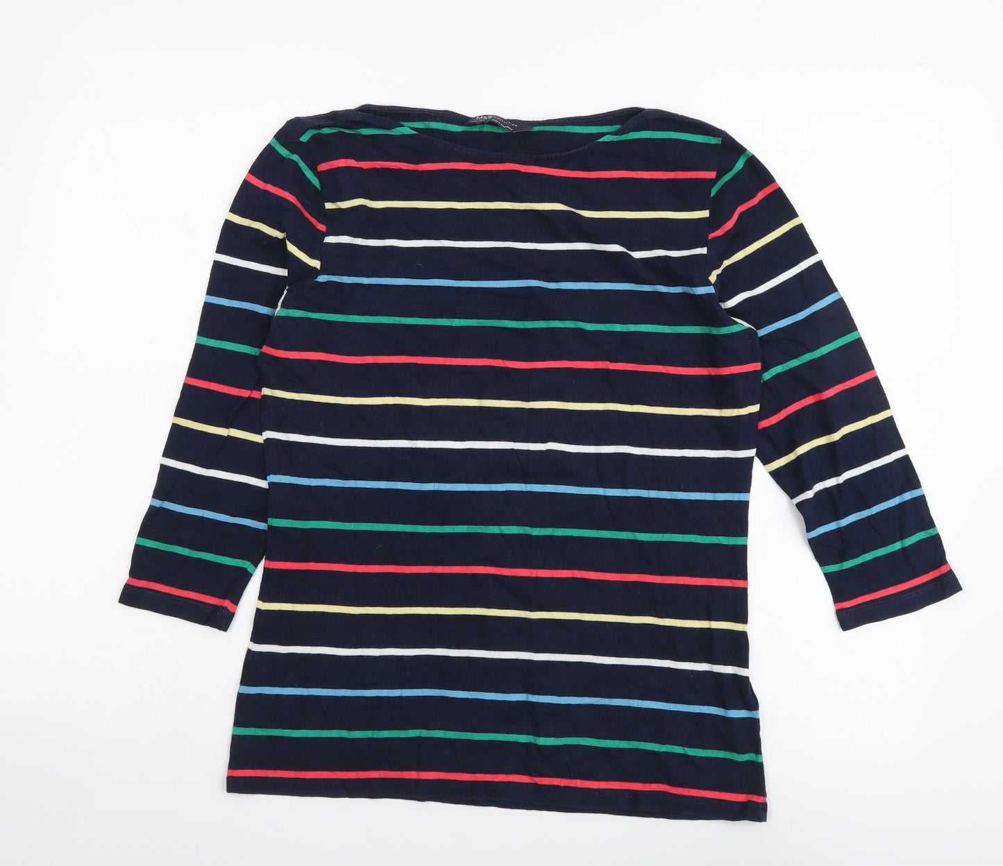 Marks and Spencer Womens Multicoloured Striped Cotton Basic T-Shirt Size 12 Boat Neck