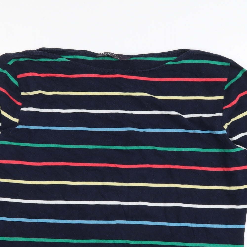 Marks and Spencer Womens Multicoloured Striped Cotton Basic T-Shirt Size 12 Boat Neck