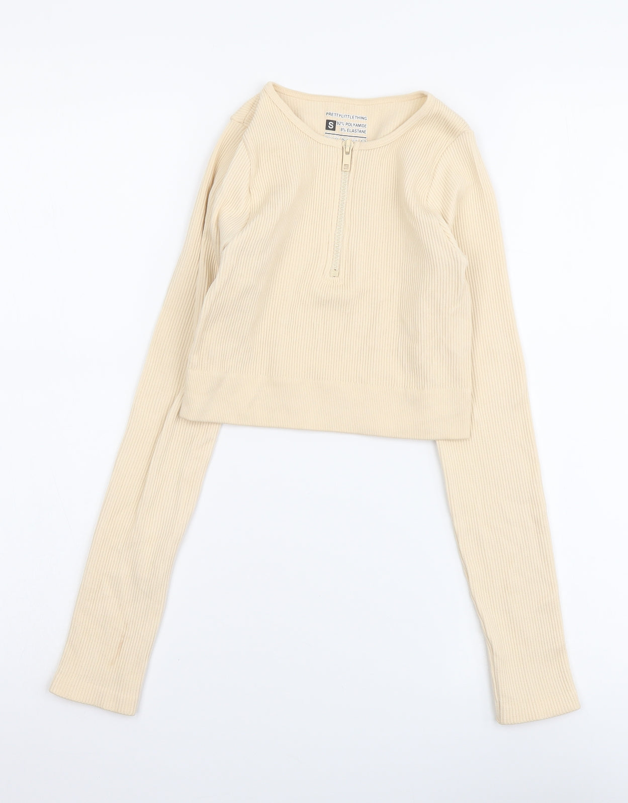 PRETTYLITTLETHING Womens Beige Polyester Cropped T-Shirt Size S Round Neck - Ribbed