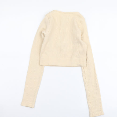PRETTYLITTLETHING Womens Beige Polyester Cropped T-Shirt Size S Round Neck - Ribbed