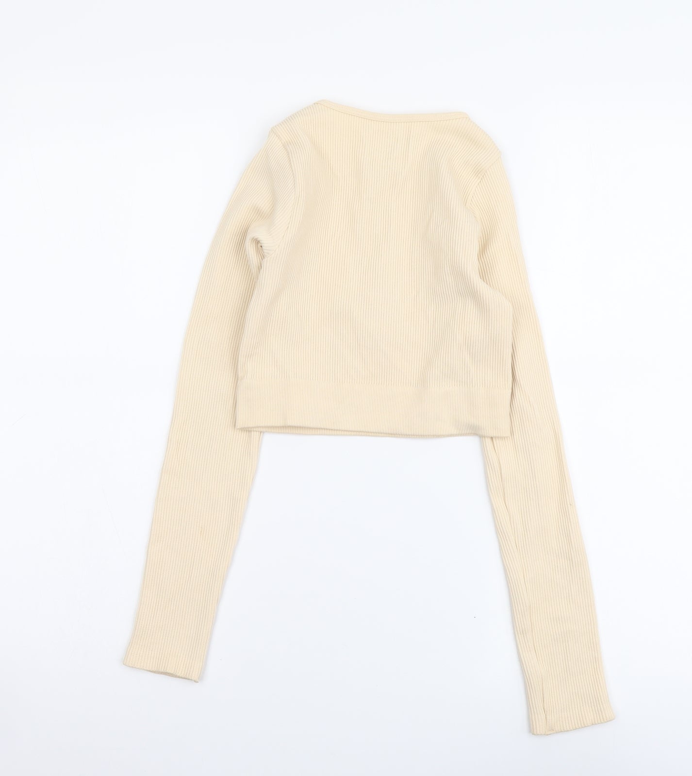 PRETTYLITTLETHING Womens Beige Polyester Cropped T-Shirt Size S Round Neck - Ribbed