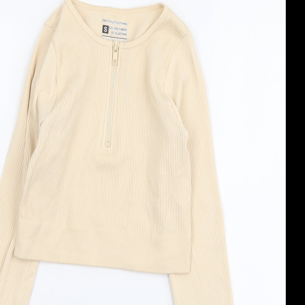 PRETTYLITTLETHING Womens Beige Polyester Cropped T-Shirt Size S Round Neck - Ribbed