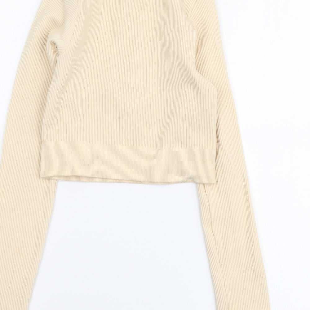 PRETTYLITTLETHING Womens Beige Polyester Cropped T-Shirt Size S Round Neck - Ribbed