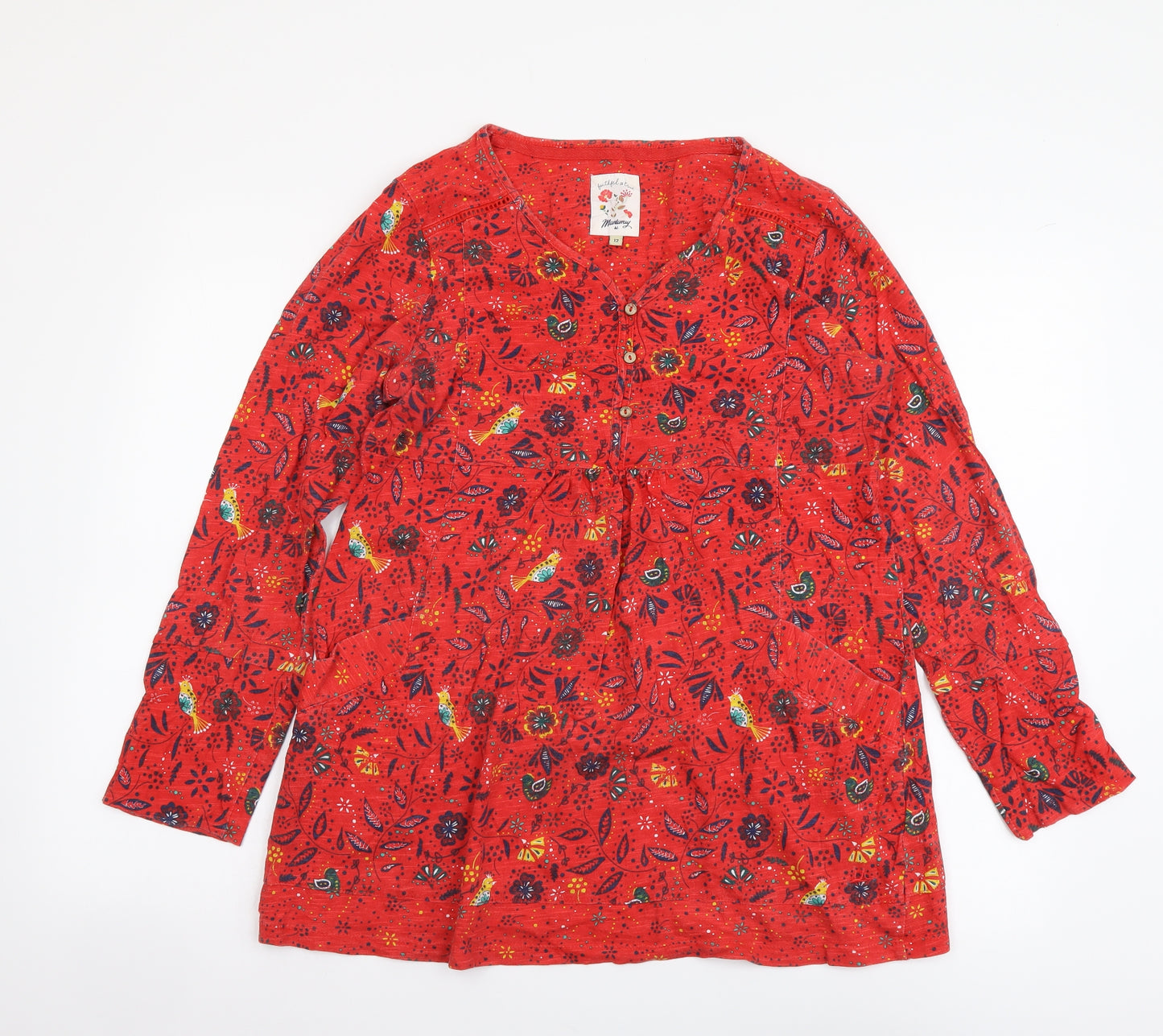 MANTARAY PRODUCTS Womens Red Floral Cotton Basic Blouse Size 12 V-Neck