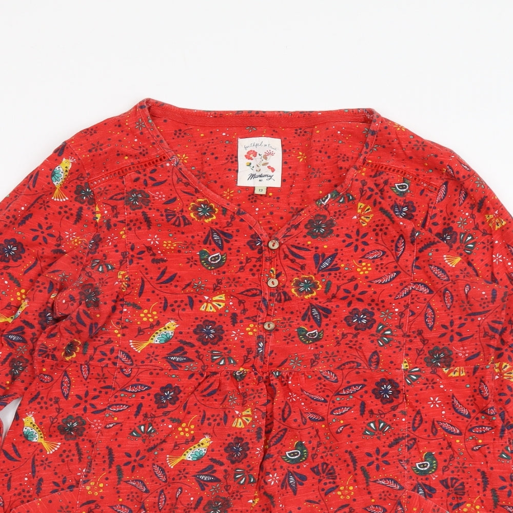 MANTARAY PRODUCTS Womens Red Floral Cotton Basic Blouse Size 12 V-Neck