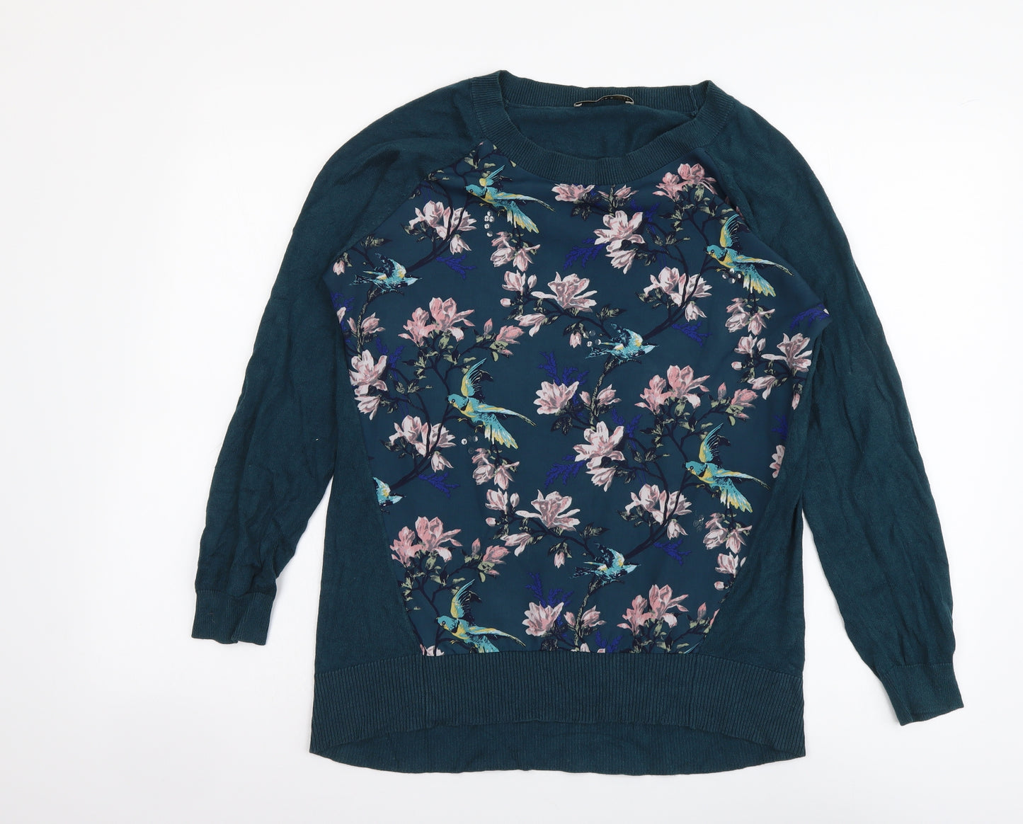 Oasis Womens Green Round Neck Floral Cotton Pullover Jumper Size M