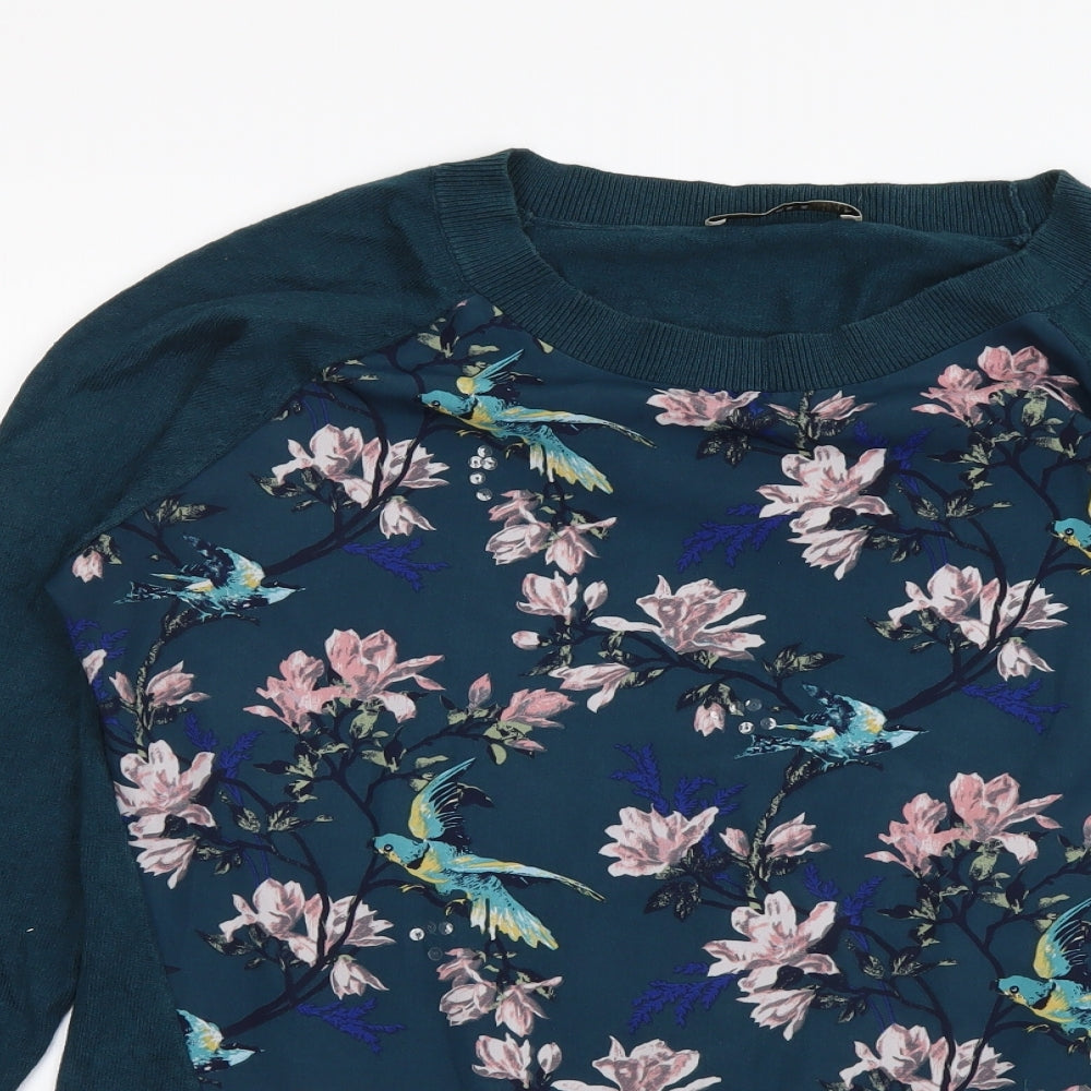 Oasis Womens Green Round Neck Floral Cotton Pullover Jumper Size M