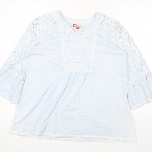 Joe Browns Womens Blue Cotton Basic T-Shirt Size 14 V-Neck - Lace Detail