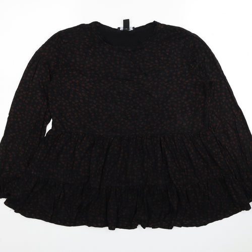 New Look Womens Black Animal Print Viscose Basic Blouse Size 12 Round Neck - Leopard Print