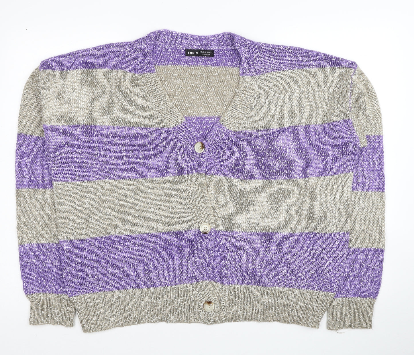 SheIn Womens Grey V-Neck Striped Acrylic Cardigan Jumper Size L
