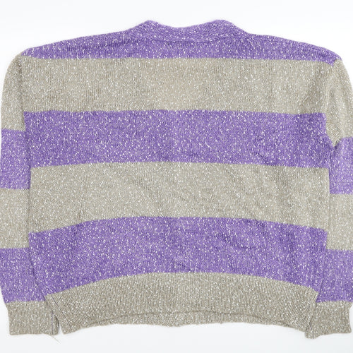 SheIn Womens Grey V-Neck Striped Acrylic Cardigan Jumper Size L