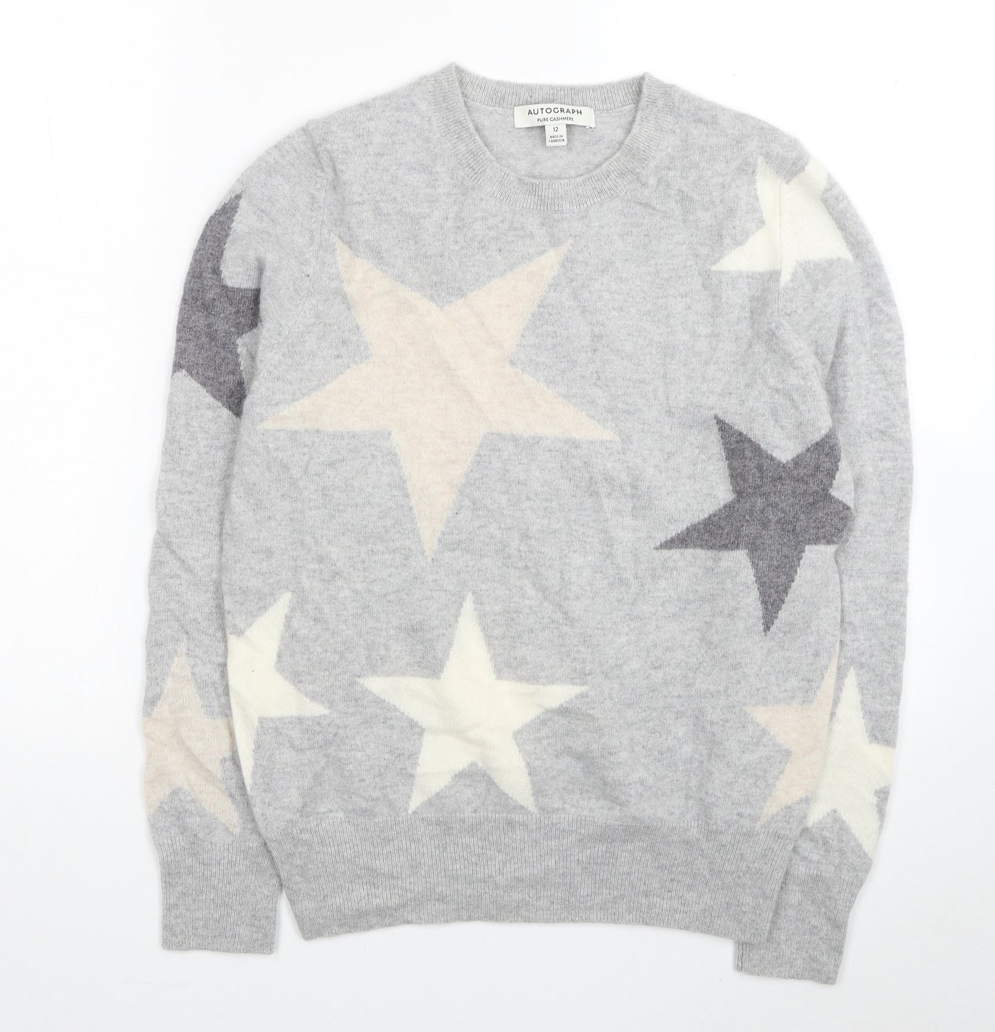 Autograph Womens Grey Round Neck Geometric Cashmere Pullover Jumper Size 12 - Stars