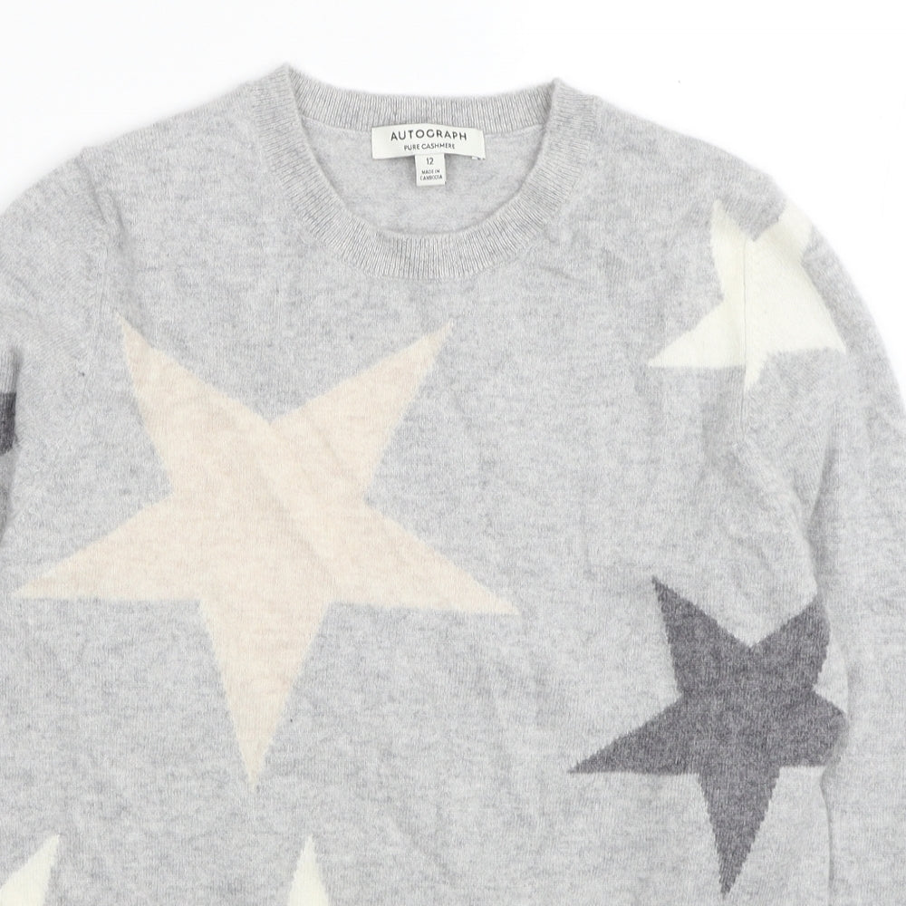 Autograph Womens Grey Round Neck Geometric Cashmere Pullover Jumper Size 12 - Stars