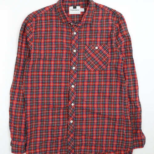 Topman Mens Red Plaid Cotton Button-Up Size M Collared Button