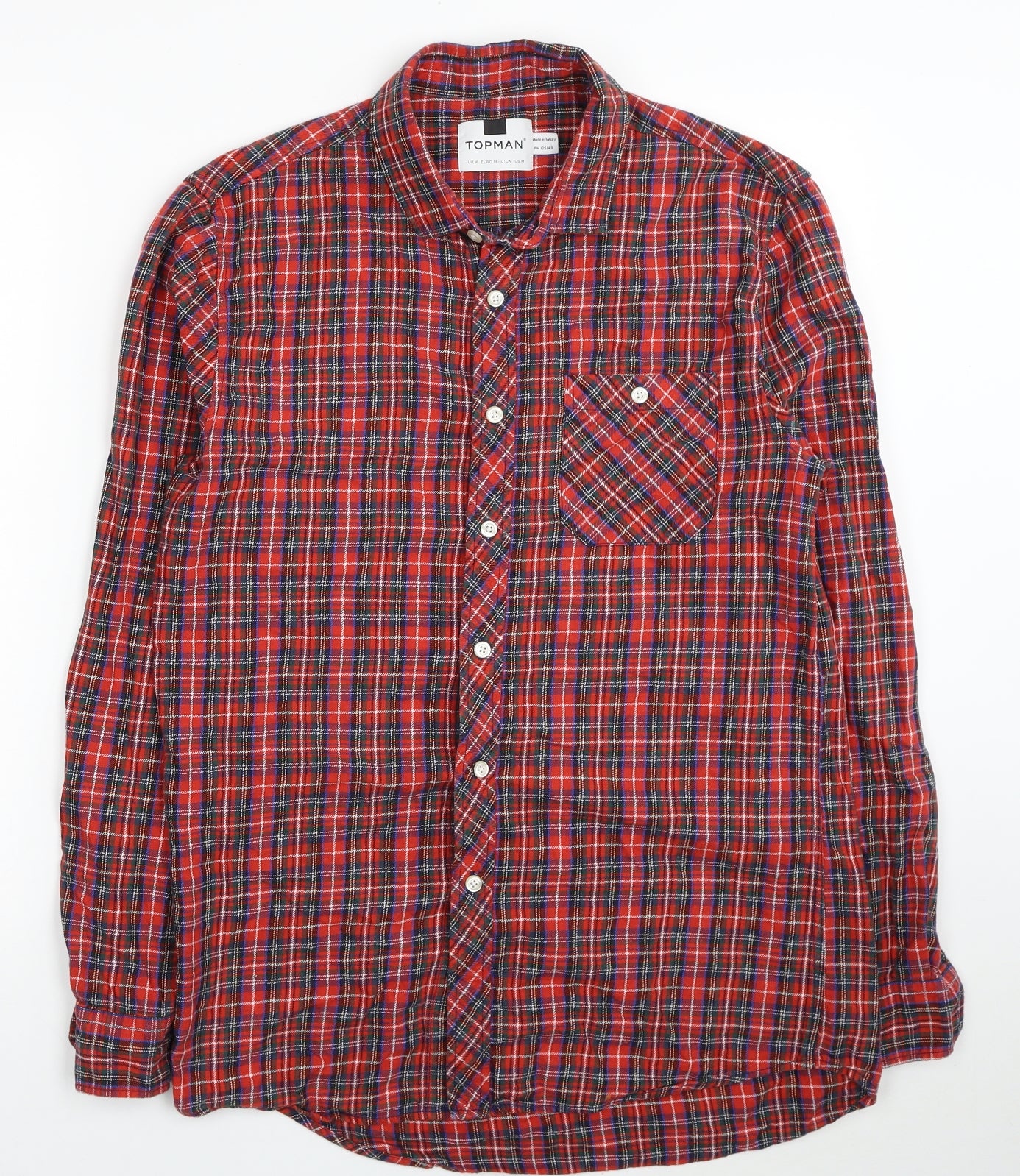 Topman Mens Red Plaid Cotton Button-Up Size M Collared Button