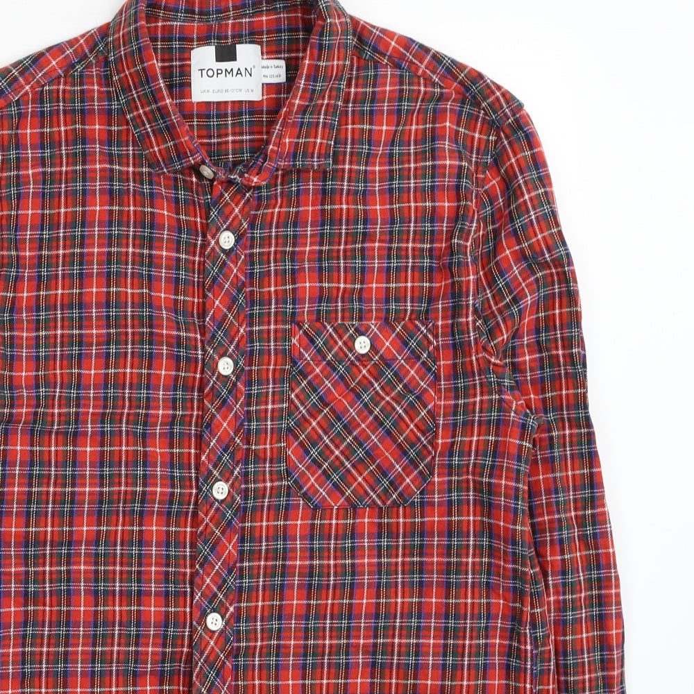 Topman Mens Red Plaid Cotton Button-Up Size M Collared Button