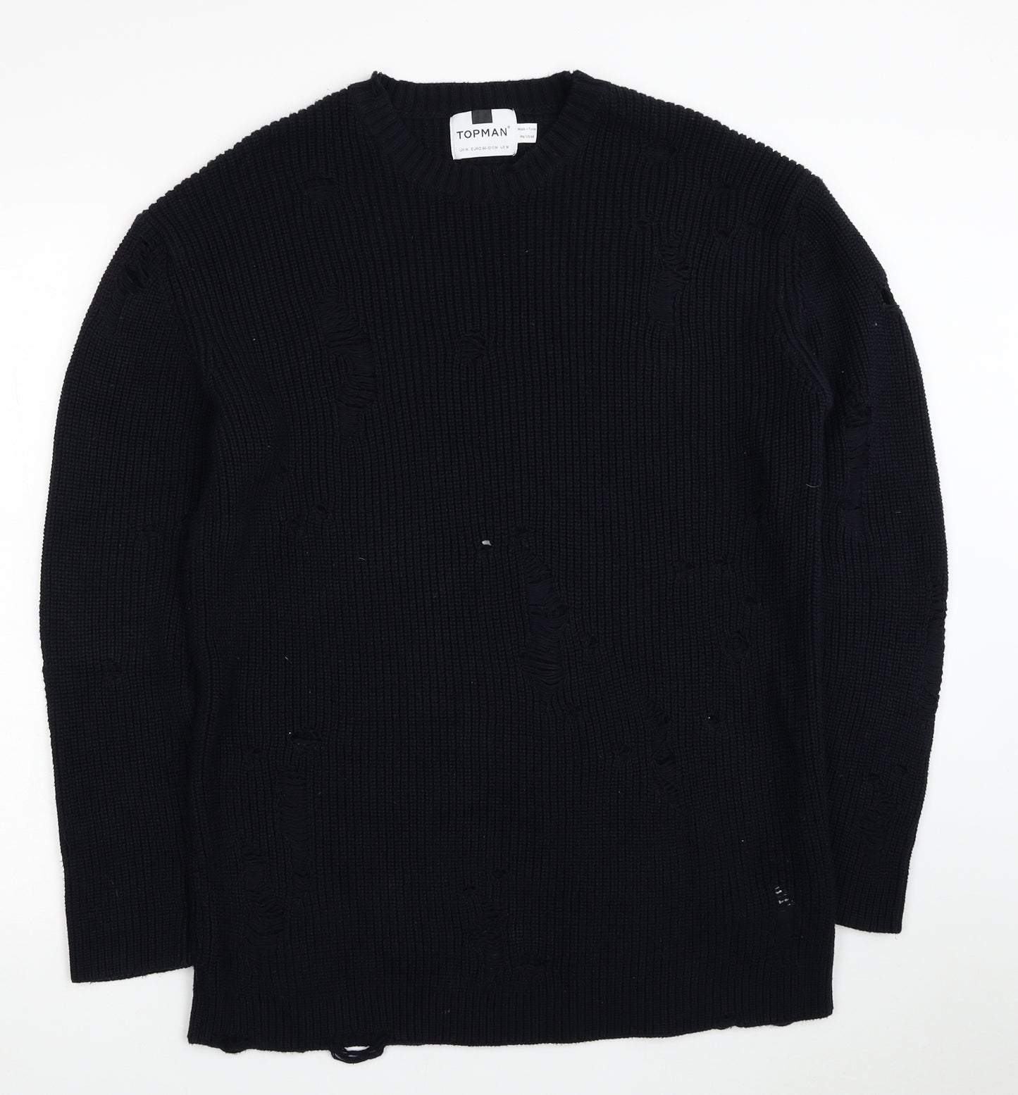 Topman Mens Blue Round Neck Cotton Pullover Jumper Size M - Ripped Detail