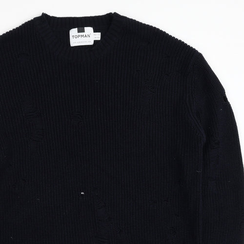 Topman Mens Blue Round Neck Cotton Pullover Jumper Size M - Ripped Detail