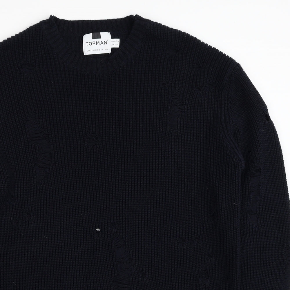 Topman Mens Blue Round Neck Cotton Pullover Jumper Size M - Ripped Detail